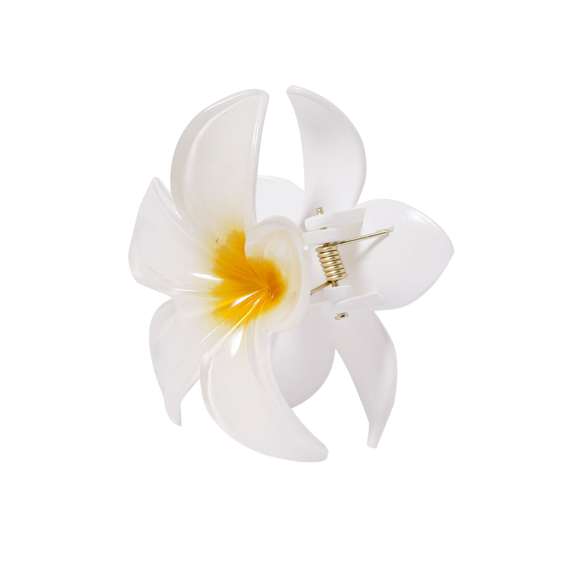 Pinza para el pelo con diseño original en forma de flor blanca y centro amarillo. Cuenta con 8 resistentes dientes que garantizan una sujeción cómoda y segura.