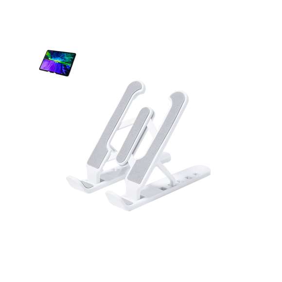 Soporte plegable para tablet. Fabricado en resistente ABS con protecciones antideslizantes para un firme ajuste al dispositivo en color gris. Regulable en altura de 5 posiciones y plegado de tamaño compacto.