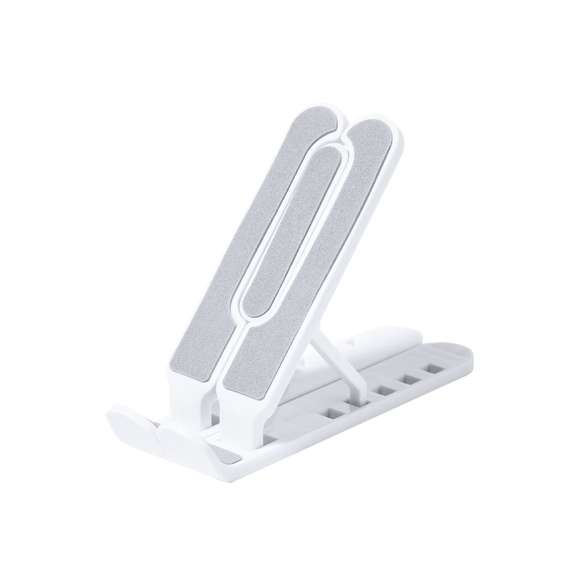 Soporte plegable para tablet. Fabricado en resistente ABS con protecciones antideslizantes para un firme ajuste al dispositivo en color gris. Regulable en altura de 5 posiciones y plegado de tamaño compacto.