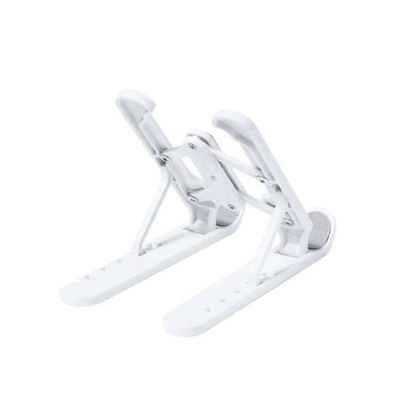 Soporte plegable para tablet. Fabricado en resistente ABS con protecciones antideslizantes para un firme ajuste al dispositivo en color gris. Regulable en altura de 5 posiciones y plegado de tamaño compacto.