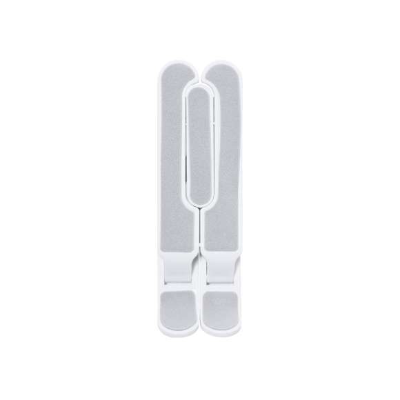 Soporte plegable para tablet. Fabricado en resistente ABS con protecciones antideslizantes para un firme ajuste al dispositivo en color gris. Regulable en altura de 5 posiciones y plegado de tamaño compacto.