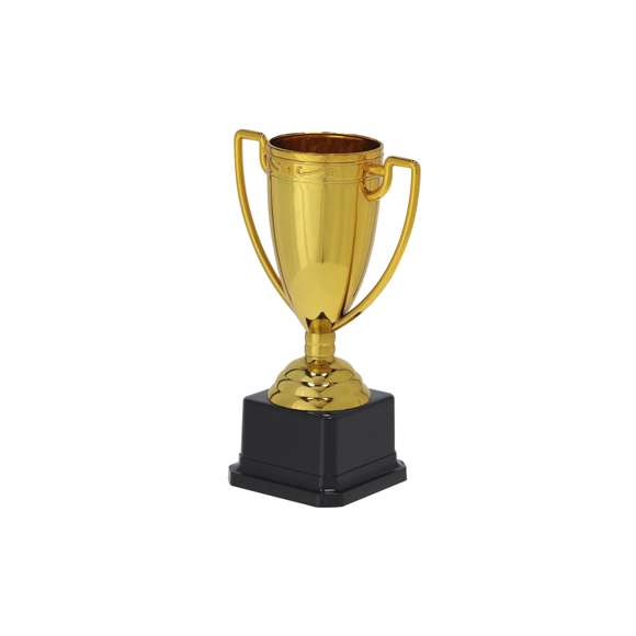 Trofeo con un elegante acabado brillante en color dorado, diseñado con amplias asas y una base en color negro para un toque distintivo.