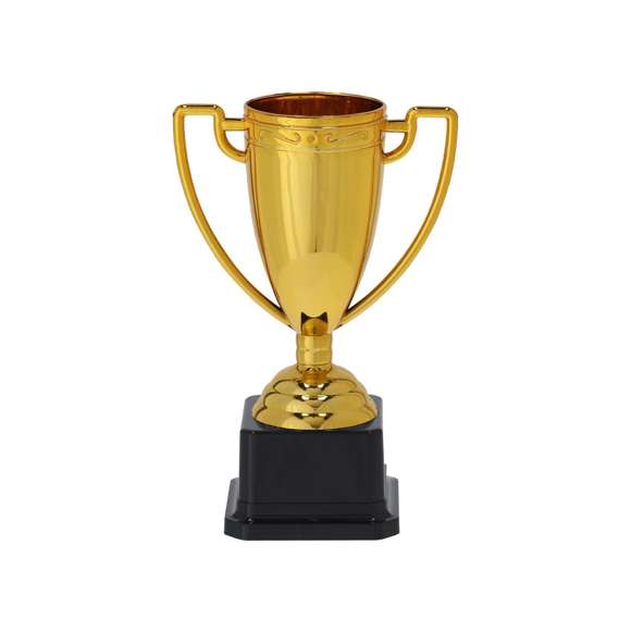 Trofeo con un elegante acabado brillante en color dorado, diseñado con amplias asas y una base en color negro para un toque distintivo.