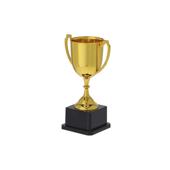 Trofeo con un elegante acabado brillante en color dorado, diseñado con amplias asas y una base en color negro para un toque distintivo.