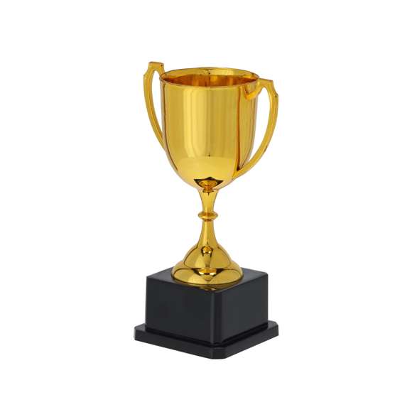 Trofeo con un elegante acabado brillante en color dorado, diseñado con amplias asas y una base en color negro para un toque distintivo.