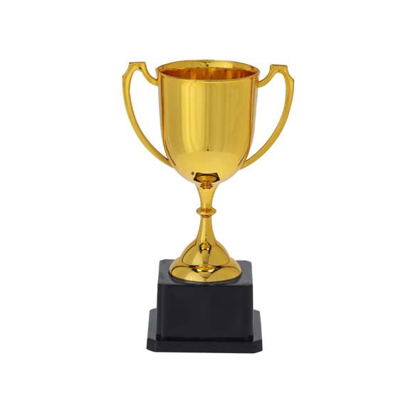 Trofeo con un elegante acabado brillante en color dorado, diseñado con amplias asas y una base en color negro para un toque distintivo.