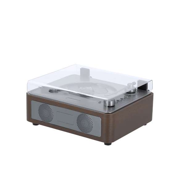 Reproductor de CD con diseño retro, fabricado en madera, que permite disfrutar de la música mientras el disco gira bajo su cubierta de acrílico transparente. Equipado con una batería de 2000 mAh, dos altavoces integrados, conexión Bluetooth 5.3, y entradas USB, Tipo C y para auriculares. Ofrece un manejo intuitivo con controles para volumen, reproducción, cambio de pistas y botón de play/pausa, disponibles tanto en el dispositivo como en su mando a distancia. Instrucciones de uso disponibles en castellano e inglés.