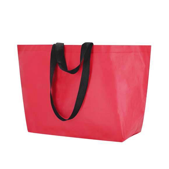 Bolsa fabricada en pp-woven laminado de gran capacidad. Con doble asas, cortas de 44x3cm y largas de 77x3cm reforzadas con costura en X y resistencia de hasta 10kg