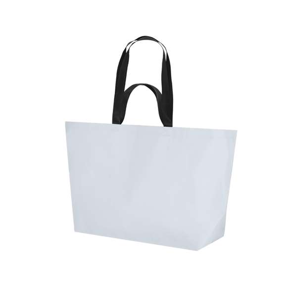 Bolsa fabricada en pp-woven laminado de gran capacidad. Con doble asas, cortas de 44x3cm y largas de 77x3cm reforzadas con costura en X y resistencia de hasta 10kg