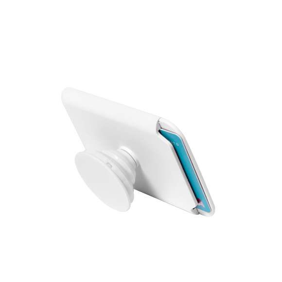 Tarjetero con soporte plegable para smartphone. Diseñado para guardar hasta dos tarjetas, incluye un aro metálico adhesivo para una sujeción y anilla extraible y ajustable para un mejor uso, en color abado brillo.