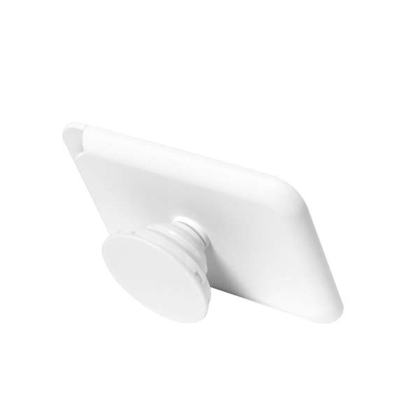 Tarjetero con soporte plegable para smartphone. Diseñado para guardar hasta dos tarjetas, incluye un aro metálico adhesivo para una sujeción y anilla extraible y ajustable para un mejor uso, en color abado brillo.