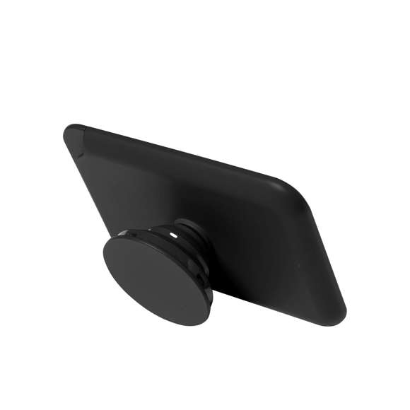 Tarjetero con soporte plegable para smartphone. Diseñado para guardar hasta dos tarjetas, incluye un aro metálico adhesivo para una sujeción y anilla extraible y ajustable para un mejor uso, en color abado brillo.