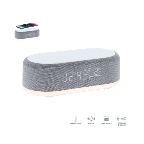 Reloj multifunción 5 en 1. Incluye múltiples funciones:-Cargador inalámbrico de 15W- Lámpara con luz cálida e intensidad regulable, ideal para crear ambientes agradables- Altavoz de 5W- Función hora (12/24h) y alarma- Indicador de temperatura y fechaCon pantalla retroiluminada y batería de 1200 mAh. Compatible con dispositivos equipados con tecnología de carga inalámbrica Qi. Fabricado en ABS blanco en combinación de poliéster. Con entrada USB Tipo C -cable incluido -.
