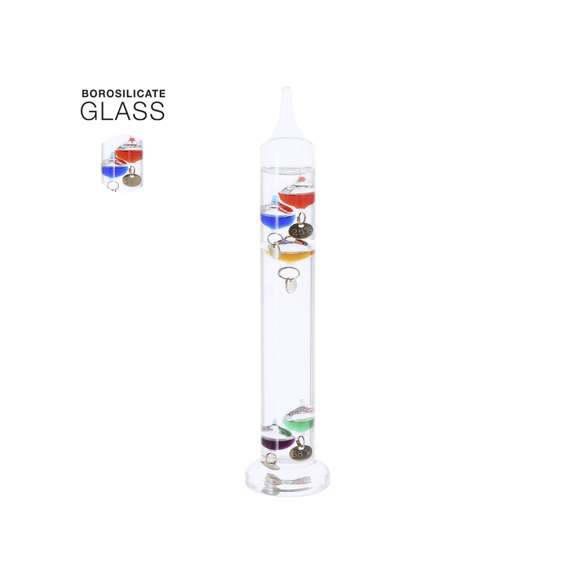 Termómetro Galileo en vidrio de borosilicato de diseño elegante y compacto. Con 5 ampollas de vidrio de colores (morado, verde, naranja, azul y rojo) que indican temperaturas en °C y °F mediante etiquetas doradas, las cuales se mueven por el termómetro en función de la temperatura del exterior.