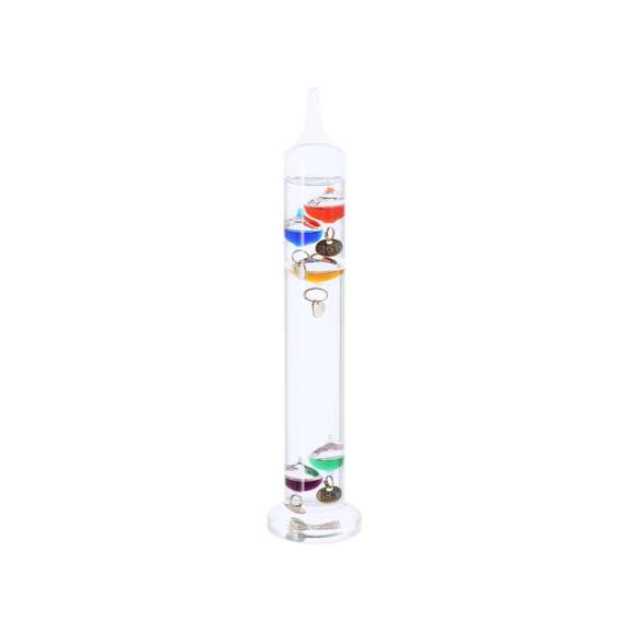 Termómetro Galileo en vidrio de borosilicato de diseño elegante y compacto. Con 5 ampollas de vidrio de colores (morado, verde, naranja, azul y rojo) que indican temperaturas en °C y °F mediante etiquetas doradas, las cuales se mueven por el termómetro en función de la temperatura del exterior.