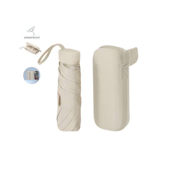 Paraguas plegable de 90 cm de diámetro en material poliéster 190T de 6 paneles. Con apertura manual, sistema antiviento y varillas en fibra de vidrio. Compacto mango y cinta a juego. Presentado en funda de transporte rígida fabricada en PU con cierre de cremallera y cinta a juego.