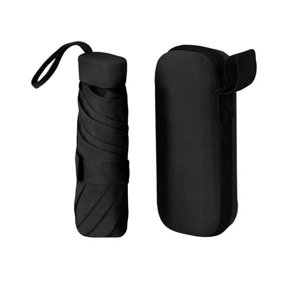 Paraguas plegable de 90 cm de diámetro en material poliéster 190T de 6 paneles. Con apertura manual, sistema antiviento y varillas en fibra de vidrio. Compacto mango y cinta a juego. Presentado en funda de transporte rígida fabricada en PU con cierre de cremallera y cinta a juego.