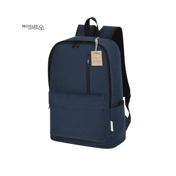 Mochila fabricada principalmente en suave Algodón Reciclado. Con bolsillo principal de cierre de cremallera con doble tirador. Bolsillo interior para portátil de hasta 15 pulgadas. Incluye dos bolsillos frontales con cierre de cremallera y bolsillos en los laterales. Espalda y cintas acolchadas, con tela transpirable y ajustables. Incluye cinta de transporte para ajuste en trolley o maleta, ideal para viajes. Con etiqueta distintiva en el exterior, así como hastag distintivo.