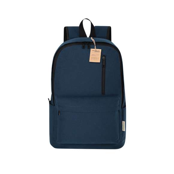 Mochila fabricada principalmente en suave Algodón Reciclado. Con bolsillo principal de cierre de cremallera con doble tirador. Bolsillo interior para portátil de hasta 15 pulgadas. Incluye dos bolsillos frontales con cierre de cremallera y bolsillos en los laterales. Espalda y cintas acolchadas, con tela transpirable y ajustables. Incluye cinta de transporte para ajuste en trolley o maleta, ideal para viajes. Con etiqueta distintiva en el exterior, así como hastag distintivo.