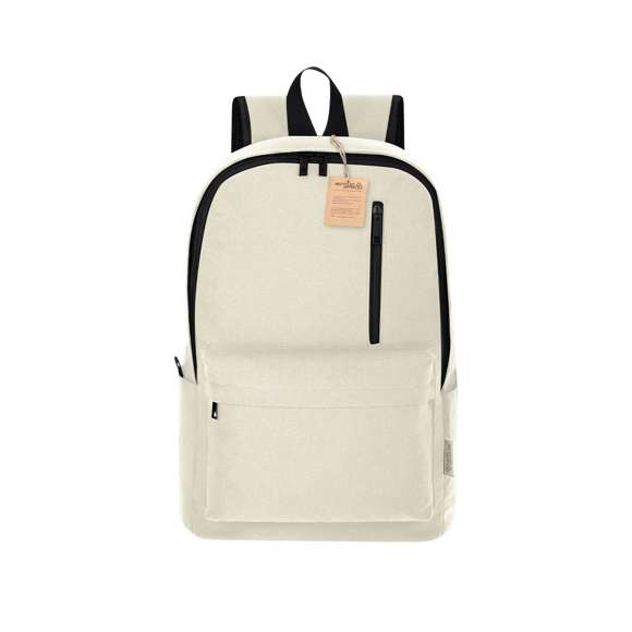 Mochila fabricada principalmente en suave Algodón Reciclado. Con bolsillo principal de cierre de cremallera con doble tirador. Bolsillo interior para portátil de hasta 15 pulgadas. Incluye dos bolsillos frontales con cierre de cremallera y bolsillos en los laterales. Espalda y cintas acolchadas, con tela transpirable y ajustables. Incluye cinta de transporte para ajuste en trolley o maleta, ideal para viajes. Con etiqueta distintiva en el exterior, así como hastag distintivo.