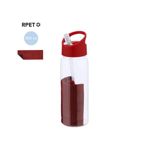 Set de bidón y toalla fabricados en RPET. Bidón de 800 ml de capacidad con sistema de fácil apertura libre de BPA con dosificador de pajita y asa de transporte a juego y toalla a juego de 30x80cm. El material RPET se elabora a partir de plástico reciclado, para así fomentar la reutilización de residuos plásticos y ayudar a la sostenibilidad del planeta.