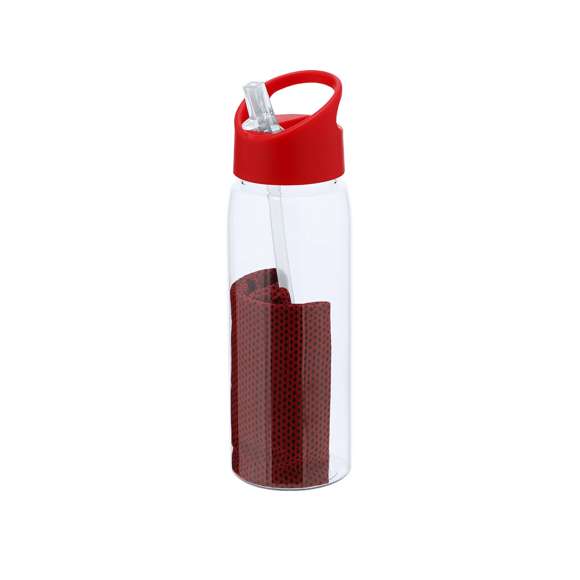 Set de bidón y toalla fabricados en RPET. Bidón de 800 ml de capacidad con sistema de fácil apertura libre de BPA con dosificador de pajita y asa de transporte a juego y toalla a juego de 30x80cm. El material RPET se elabora a partir de plástico reciclado, para así fomentar la reutilización de residuos plásticos y ayudar a la sostenibilidad del planeta.