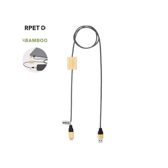 Cable cargador de 60 W en una combinación de RPET y bambú. Con conexiones de entrada Tipo C y USB y conexiones de salida Lightning, Micro USB y Tipo C. Potencia de carga: Hasta 60W, asegurando una carga rápida y eficiente.