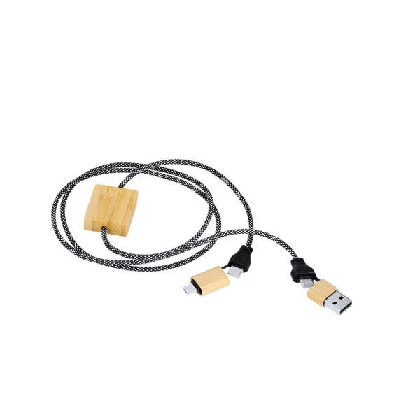 Cable cargador de 60 W en una combinación de RPET y bambú. Con conexiones de entrada Tipo C y USB y conexiones de salida Lightning, Micro USB y Tipo C. Potencia de carga: Hasta 60W, asegurando una carga rápida y eficiente.