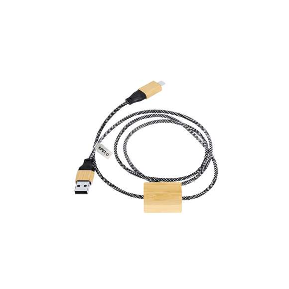 Cable cargador de 60 W en una combinación de RPET y bambú. Con conexiones de entrada Tipo C y USB y conexiones de salida Lightning, Micro USB y Tipo C. Potencia de carga: Hasta 60W, asegurando una carga rápida y eficiente.