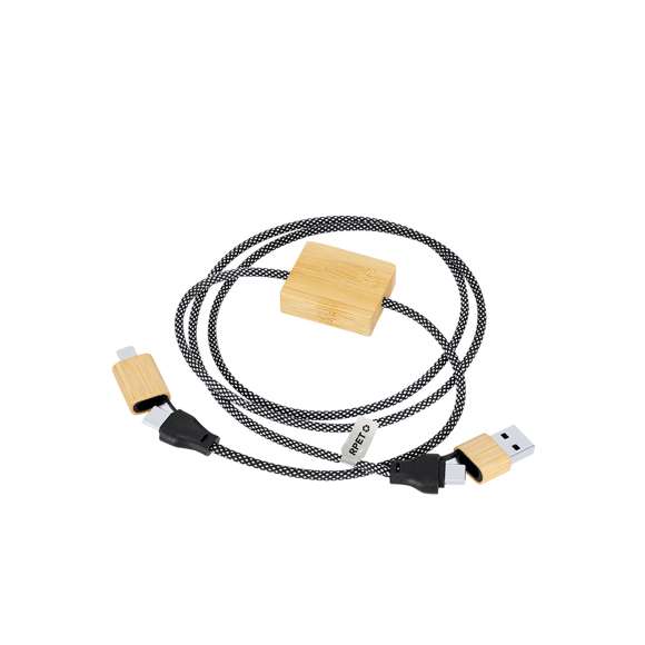 Cable cargador de 60 W en una combinación de RPET y bambú. Con conexiones de entrada Tipo C y USB y conexiones de salida Lightning, Micro USB y Tipo C. Potencia de carga: Hasta 60W, asegurando una carga rápida y eficiente.