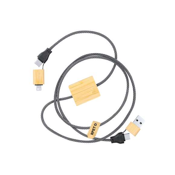 Cable cargador de 60 W en una combinación de RPET y bambú. Con conexiones de entrada Tipo C y USB y conexiones de salida Lightning, Micro USB y Tipo C. Potencia de carga: Hasta 60W, asegurando una carga rápida y eficiente.