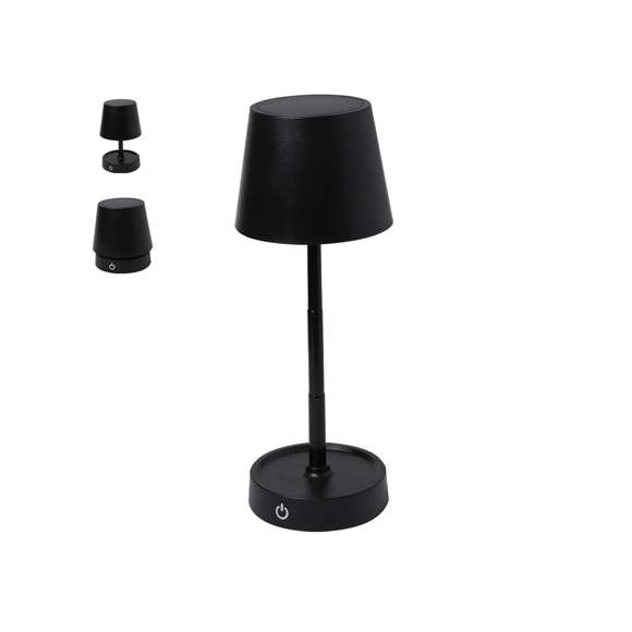Lámpara de diseño en acabado negro mate. Incluye sistema de regulación de intensidad de luz táctil y con cuerpo plegable para ajustarlo en altura. Equipada con batería de 800mAh recargable por USB Tipo C -cable incluido- y 12 LEDs de luz cálida. Con botón encendido/apagado en la parte trasera.