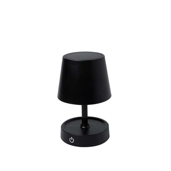 Lámpara de diseño en acabado negro mate. Incluye sistema de regulación de intensidad de luz táctil y con cuerpo plegable para ajustarlo en altura. Equipada con batería de 800mAh recargable por USB Tipo C -cable incluido- y 12 LEDs de luz cálida. Con botón encendido/apagado en la parte trasera.