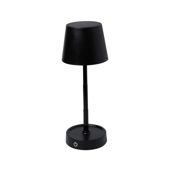 Lámpara de diseño en acabado negro mate. Incluye sistema de regulación de intensidad de luz táctil y con cuerpo plegable para ajustarlo en altura. Equipada con batería de 800mAh recargable por USB Tipo C -cable incluido- y 12 LEDs de luz cálida. Con botón encendido/apagado en la parte trasera.
