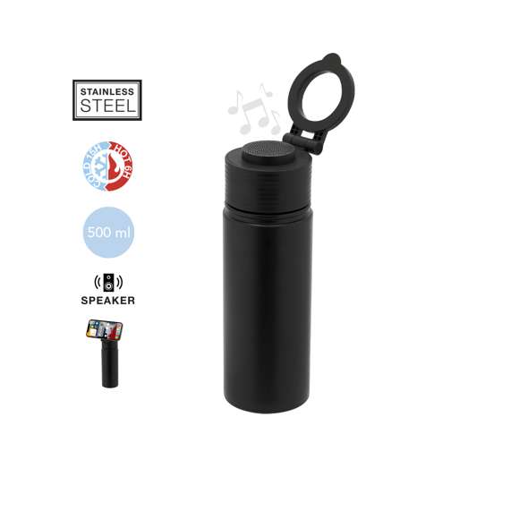 Bidón térmico con Altavoz Bluetooth 5.4 de 3W integrado. Con 500 ml de capacidad y fabricado en acero inox de doble pared, asegurando una durabilidad máxima y un excelente mantenimiento de la temperatura de las bebidas, ya sean frías o calientes. Tapadera con sistema de cierre de rosca y libre de BPA, e incluye sujeción orientable para smartphone con tecnología Magsafe. El altavoz Bluetooth de 600 mAh integrado en el tapón es fácilmente extraíble gracias a su sistema de rosca.