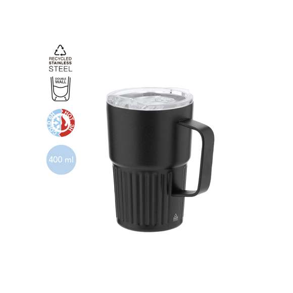 Taza térmica en Acero Inox Reciclado de doble pared y 400 ml de capacidad. Exterior en acabado biselado mate. Incluye tapadera con sistema de cierre a presión transparente y dosificador de fácil apertura abatible, libre de BPA. Es ideal para tener en tu escritorio, mesa o en cualquier superficie donde disfrutar tranquilamente de tu bebida favorita. Incluye distintivo de Acero Inox Reciclado.El acero es uno de los materiales más demandados y que puede encontrarse casi en todas partes, desde productos de uso diario a grandes construcciones. Con innumerables propiedades, entre las que cabe destacar la durabilidad y su alto grado de reutilización, convirtiéndolo en una alternativa muy valorada en soluciones de sostenibilidad. Debidamente tratado, permite obtener nuevos recursos de infinita utilización.