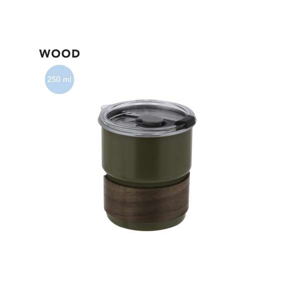 Vaso fabricado en acero inox y sofisticada madera. Con 250 ml de capacidad. Incluye elegante banda de madera. Incluye tapadera transparente hermética con dosificador en tapa y agujero para pajitas, libre de BPA.