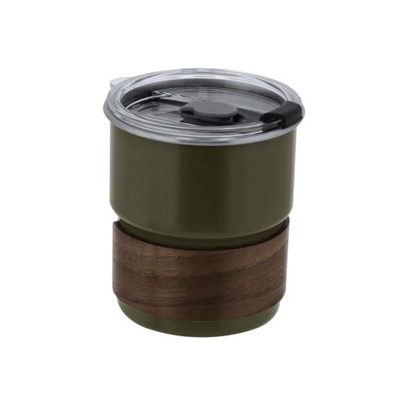 Vaso fabricado en acero inox y sofisticada madera. Con 250 ml de capacidad. Incluye elegante banda de madera. Incluye tapadera transparente hermética con dosifi