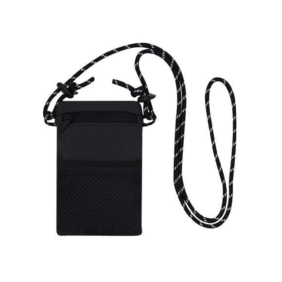 Portatodo fabricado en suave poliéster 150D. Compartimento principal con cierre de cremallera invisible en color negro y bolsillo abierto frontal de rejilla. Incluye cinta bandolera ajustable en forma de cordón en color negro y blanco.