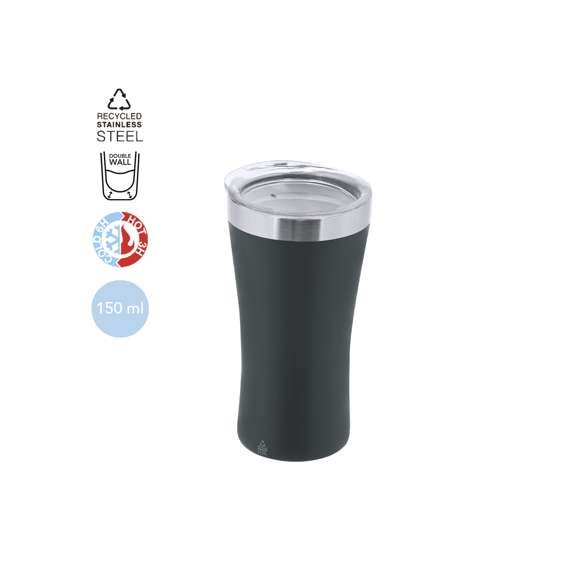 Vaso térmico fabricado en Acero Inox Reciclado de doble pared y 150 ml de capacidad. Exterior en acabado satinado e interior en acabado acero. Incluye tapa de cierre a presión transparente, con dosificador y libre de BPA. Es ideal para tener en tu escritorio, mesa o en cualquier superficie donde disfrutar tranquilamente de tu bebida favorita. Con logotipo Acero Inox Reciclado.El acero es uno de los materiales más demandados y que puede encontrarse casi en todas partes, desde productos de uso diario a grandes construcciones. Con innumerables propiedades, entre las que cabe destacar la durabilidad y su alto grado de reutilización, convirtiéndolo en una alternativa muy valorada en soluciones de sostenibilidad. Debidamente tratado, permite obtener nuevos recursos de infinita utilización.