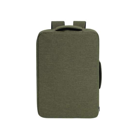 Mochila portadocumentos confeccionada en resistente RPET 300D. Presenta un diseño urbano que incorpora un bolsillo principal con cierre de cremallera oculta para mayor protección, de doble tirador. Con interior acolchado para portátil de hasta 15 pulgadas, bolsillos adicionales en el interior para pequeños objetos. Sus cintas de hombros y la espalda están acolchadas y son ajustables para mayor comodidad. Ofrece tres modalidades de transporte: como mochila, gracias a las tiras de hombros colchadas; como portadocumentos, gracias a su asa de transporte; y cinta para trolley. El material RPET se elabora a partir de plástico reciclado, para así fomentar la reutilización de residuos plásticos y ayudar a la sostenibilidad del planeta.