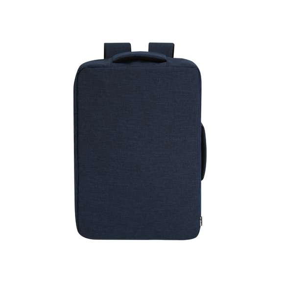 Mochila portadocumentos confeccionada en resistente RPET 300D. Presenta un diseño urbano que incorpora un bolsillo principal con cierre de cremallera oculta para mayor protección, de doble tirador. Con interior acolchado para portátil de hasta 15 pulgadas, bolsillos adicionales en el interior para pequeños objetos. Sus cintas de hombros y la espalda están acolchadas y son ajustables para mayor comodidad. Ofrece tres modalidades de transporte: como mochila, gracias a las tiras de hombros colchadas; como portadocumentos, gracias a su asa de transporte; y cinta para trolley. El material RPET se elabora a partir de plástico reciclado, para así fomentar la reutilización de residuos plásticos y ayudar a la sostenibilidad del planeta.