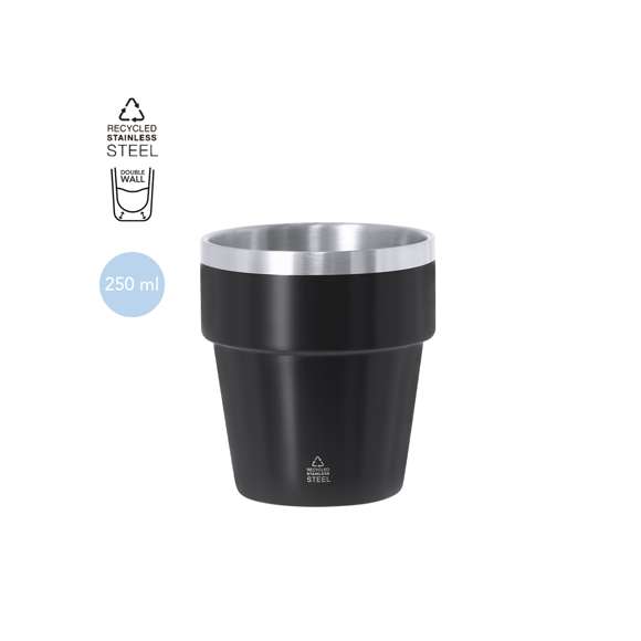 Vaso térmico fabricado en Acero Inox Reciclado de doble pared y 250 ml de capacidad. Recubrimiento en color satinado y borde e interior en color acero satinado. Con logotipo Acero Inox Reciclado.El acero es uno de los materiales más demandados y que puede encontrarse casi en todas partes, desde productos de uso diario a grandes construcciones. Con innumerables propiedades, entre las que cabe destacar la durabilidad y su alto grado de reutilización, convirtiéndolo en una alternativa muy valorada en soluciones de sostenibilidad. Debidamente tratado, permite obtener nuevos recursos de infinita utilización.