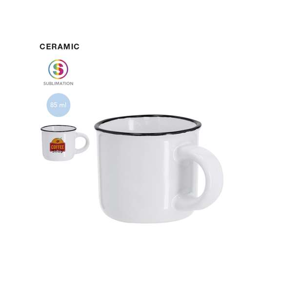 Taza de cerámica de 85ml de capacidad con diseño vintage. En elegante diseño bicolor, con anilla color negra en el borde y cuerpo en color blanco. Especialmente diseñada para marcaje en sublimación.