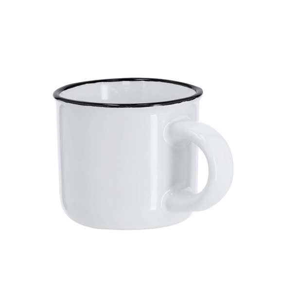 Taza de cerámica de 85ml de capacidad con diseño vintage. En elegante diseño bicolor, con anilla color negra en el borde y cuerpo en color blanco. Especialmente diseñada para marcaje en sublimación.
