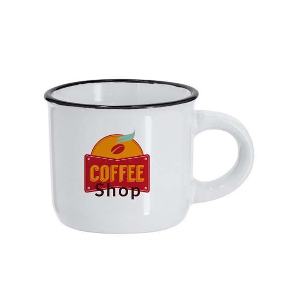 Taza de cerámica de 85ml de capacidad con diseño vintage. En elegante diseño bicolor, con anilla color negra en el borde y cuerpo en color blanco. Especialmente diseñada para marcaje en sublimación.