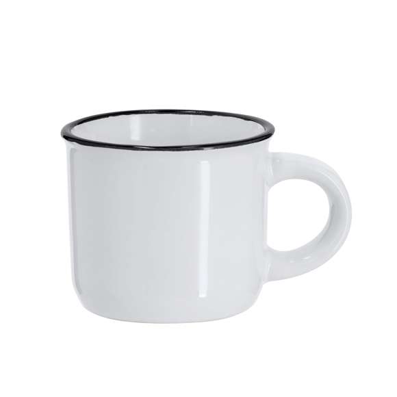 Taza de cerámica de 85ml de capacidad con diseño vintage. En elegante diseño bicolor, con anilla color negra en el borde y cuerpo en color blanco. Especialmente diseñada para marcaje en sublimación.