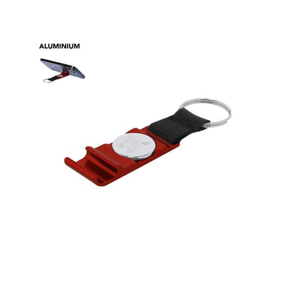 Llavero soporte con moneda para carro fabricado en aluminio, especialmente diseñado para smartphone y tablet. De acabado mate, con cinta en nylon de color negro.