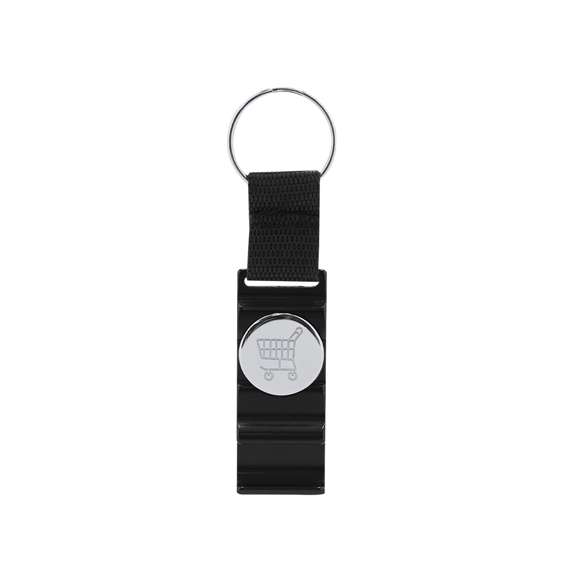 Llavero soporte con moneda para carro fabricado en aluminio, especialmente diseñado para smartphone y tablet. De acabado mate, con cinta en nylon de color negro.