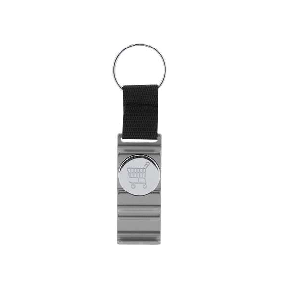Llavero soporte con moneda para carro fabricado en aluminio, especialmente diseñado para smartphone y tablet. De acabado mate, con cinta en nylon de color negro.